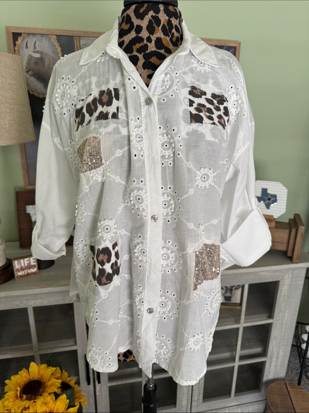 White Eyelet Button-Up Blouse with Leopard & Sequin Patches
